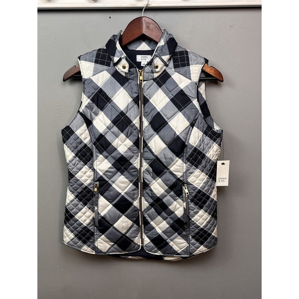 Crown & Ivy Quilted Vest Womens Small Blue White Full zip Gold‎ Hardware NEW